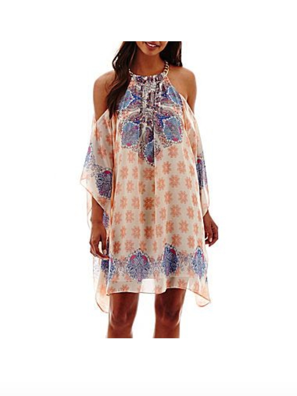 Bisou Bisou Peach and Blue Cold-Shoulder Midi Dress